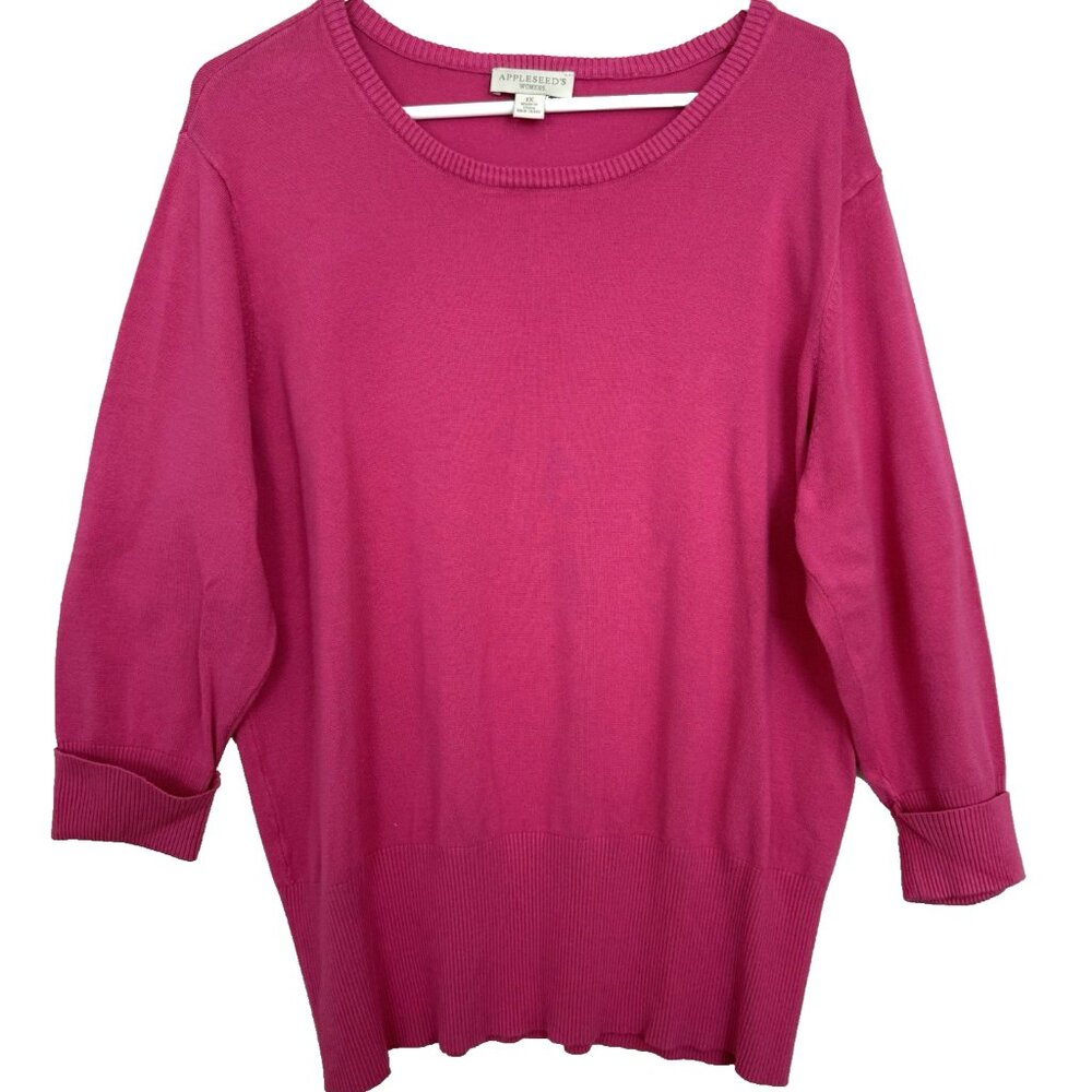 Appleseeds Sweater‎ Womens 1X Pink 3/4 Cuff Sleeves Ribbed Trim Rayon Soft Cozy